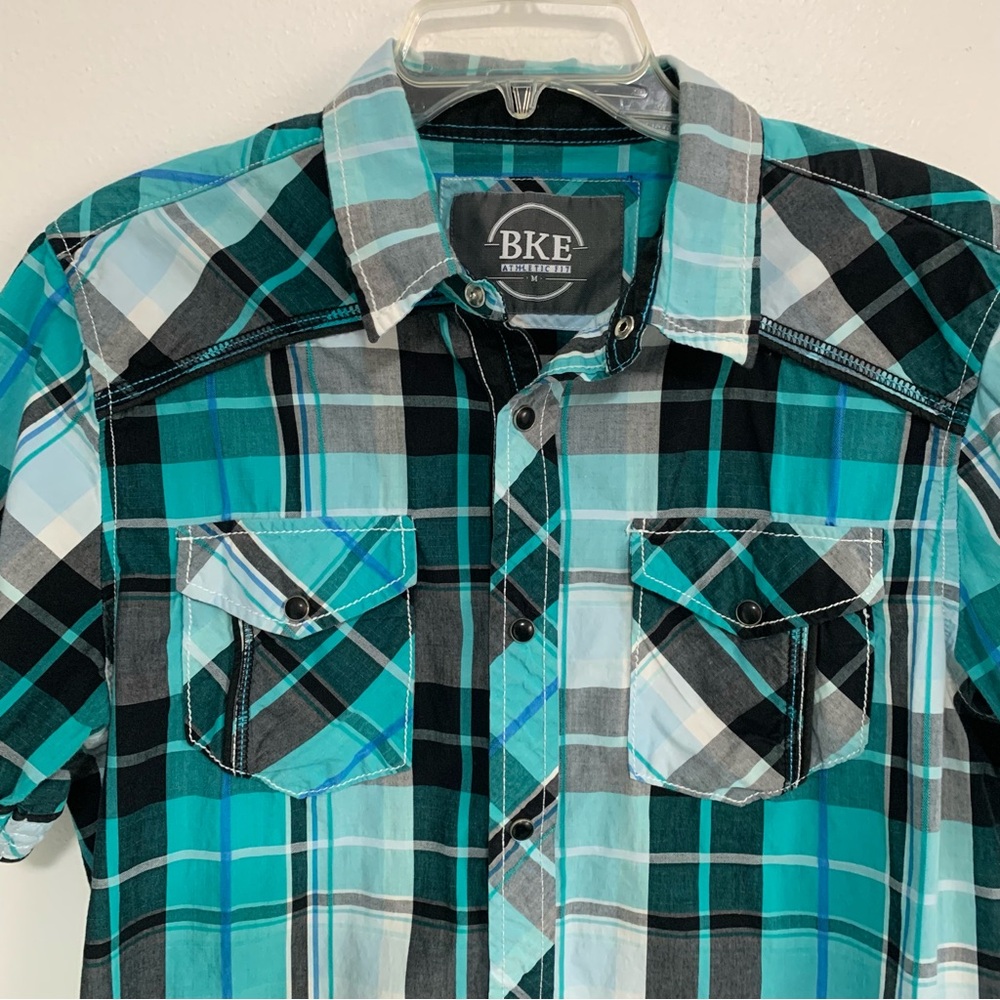 BKE men’s short sleeve button-down shirt, teal blue black gray, western cowboy - Picture 2 of 10
